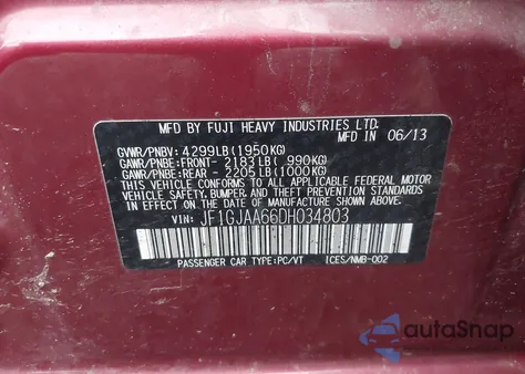 2013 Subaru Impreza 2.0I z USA, uszkodzony, nr VIN JF1GJAA66DH034803